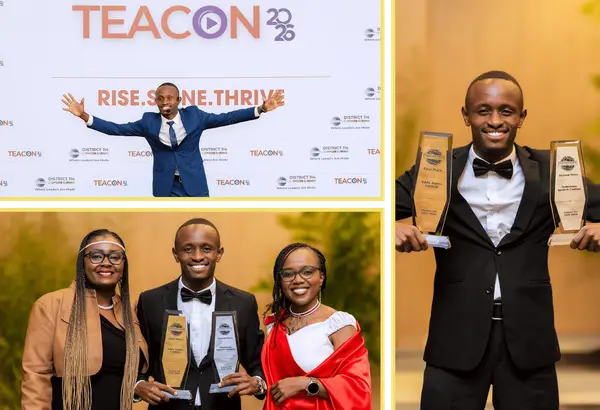 Three photographs from TEACON 2025: Njoroge Maina speaking on stage in front of the District 114 conference backdrop; Njoroge holding two trophies between two fellow club members; and a portrait of him with both trophies: first place in the Table Topics Contest and second place in the Humorous Speech Contest.